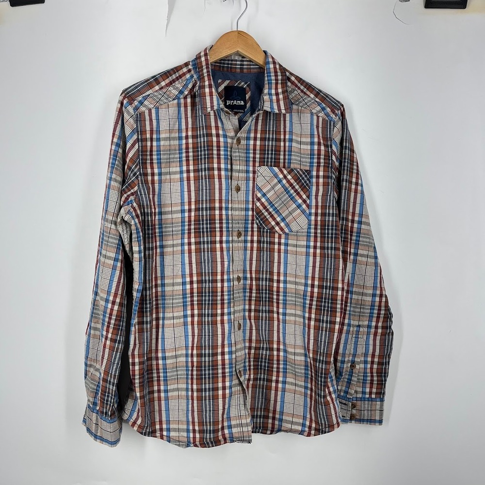 Prana Mens Fletcher Plaid Organic Cotton Blend Long Sleeve Button Shirt Size M